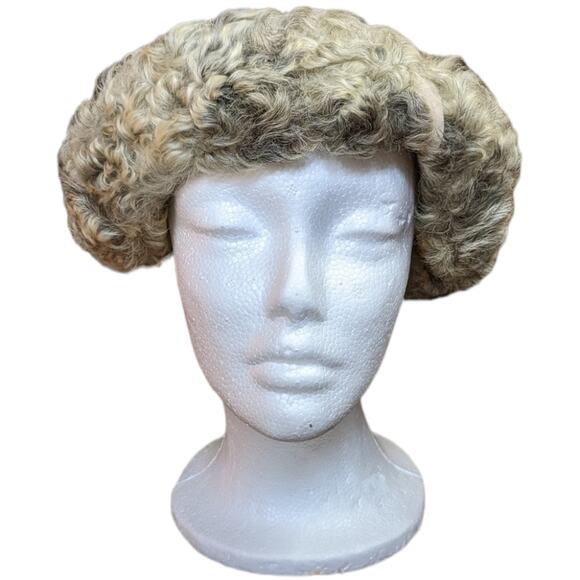 Vintage fur trimmed cap hat beige and gray with Schuster's hat box - Picture 2 of 10